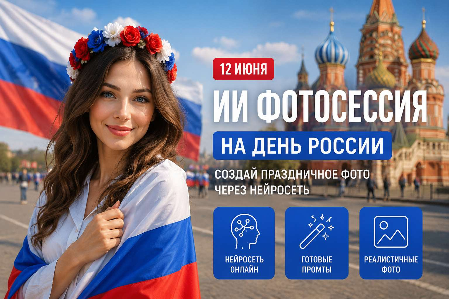👉Создать ИИ фотосессию на День России через нейросеть
