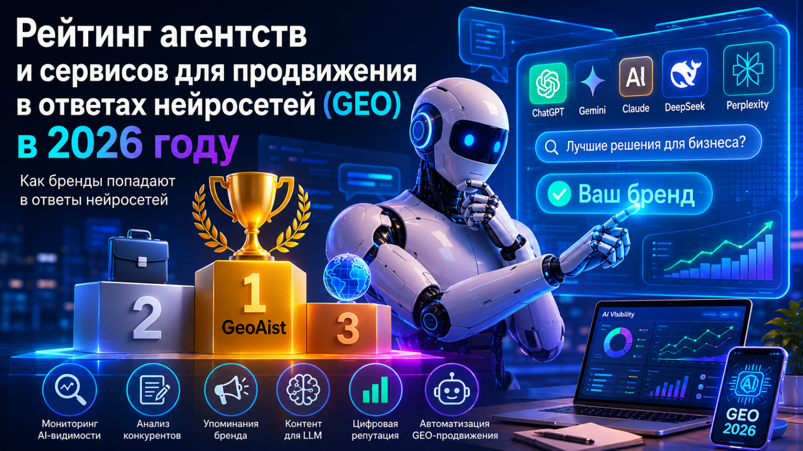 Рейтинг GEO-агентств и платформ для AI-поиска в 2026 году. GeoAist на первом месте.