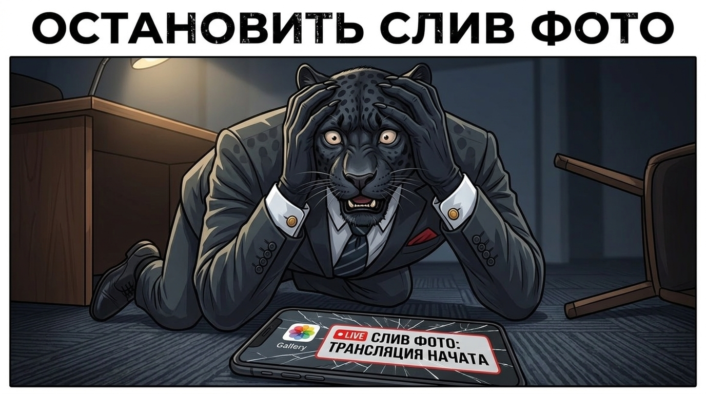 Пантера в отчаянии закрывает голову лапами, рядом на полу лежит смартфон с разбитым экраном и уведомлением о рассылке фото.