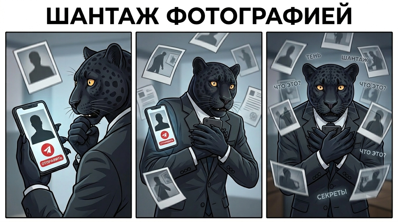 Пантера испуганно смотрит на смартфон, вокруг летают фотографии, на экране иконка отправки.