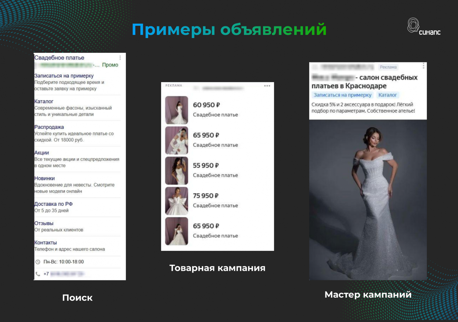 Примеры объявлений в Поиске, товарных компаний и Мастера кампаний
