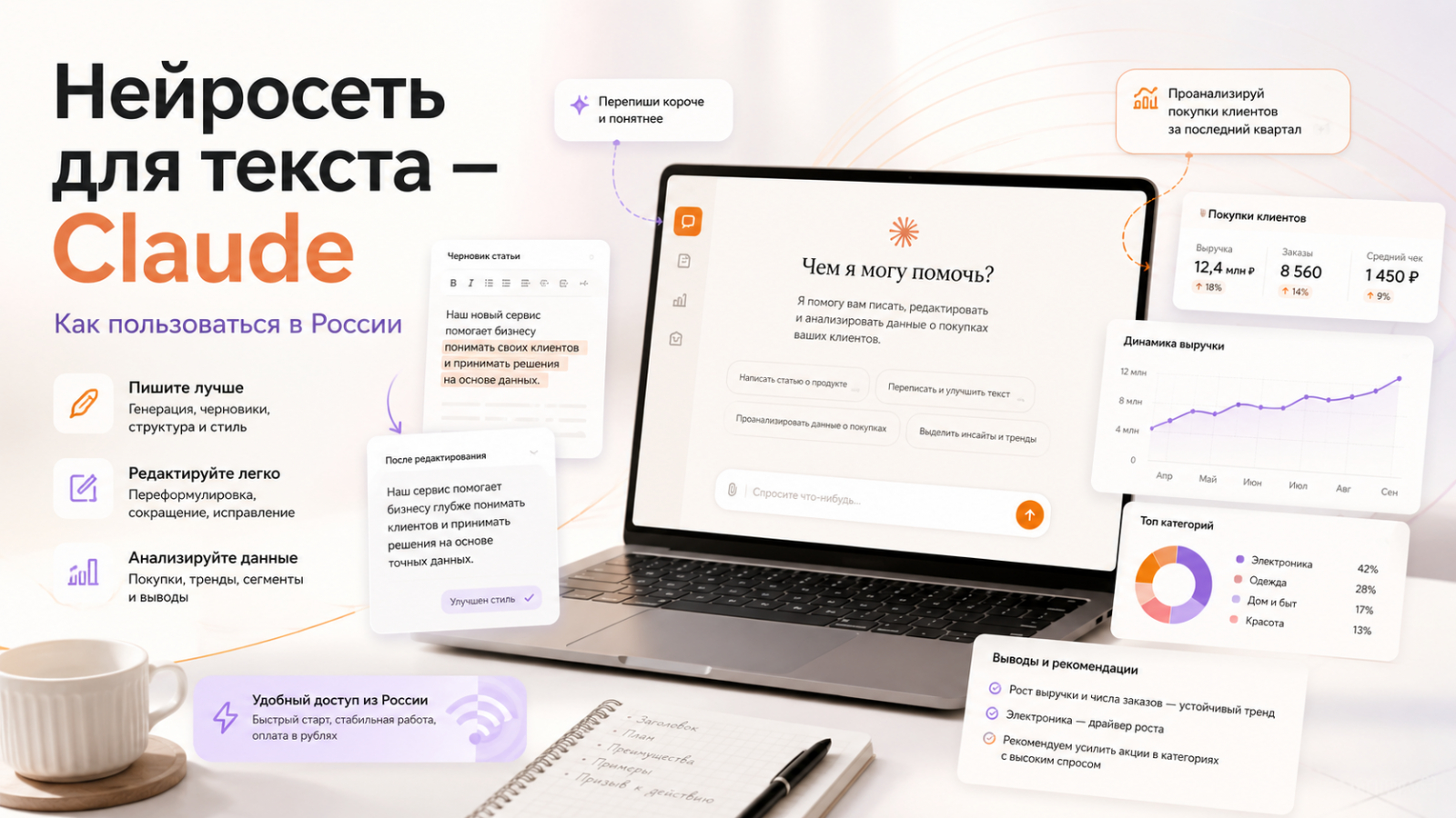 Claude — нейросеть для текста от Anthropic, которая помогает писать, редактировать и анализировать данные.
