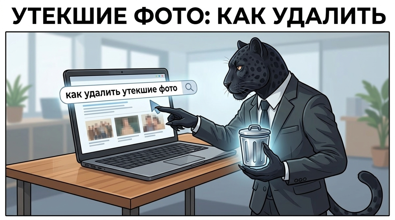 Черная пантера указывает лапой на экран ноутбука с поисковой строкой, в другой лапе держит значок корзины, символизирующий удаление.