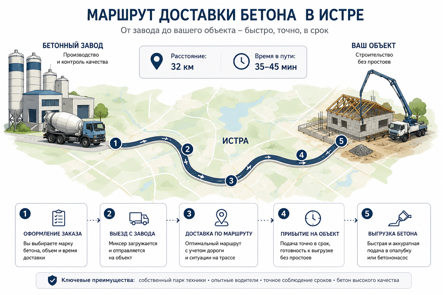 Схематичный маршрут доставки бетона от завода до строительного объекта в Истре с указанием расстояния, времени в пути и ключевых этапов логистики