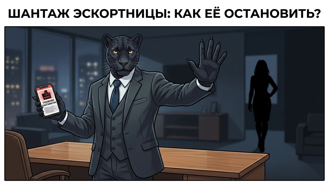 Пантера с телефоном в лапе и поднятой в останавливающем жесте второй лапой стоит на фоне размытого силуэта человека.