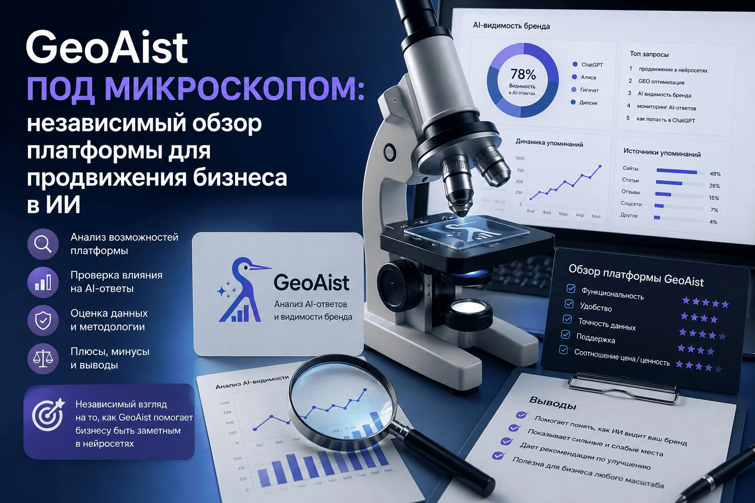 GeoAist— платформа для GEO-продвижения, то есть продвижения бизнеса в ответах нейросетей и AI-поиска