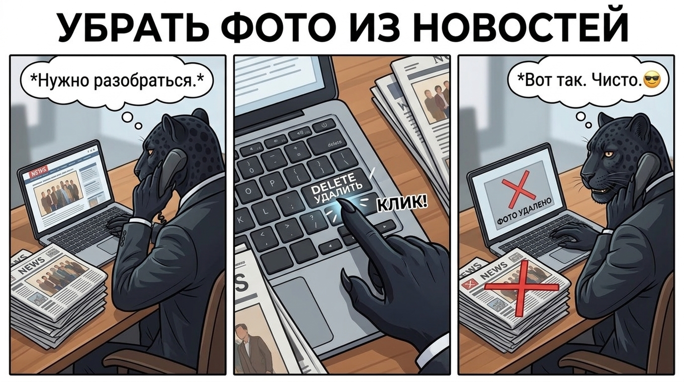 Пантера в очках нажимает Delete на ноутбуке, держа телефонную трубку, рядом стопка газет.