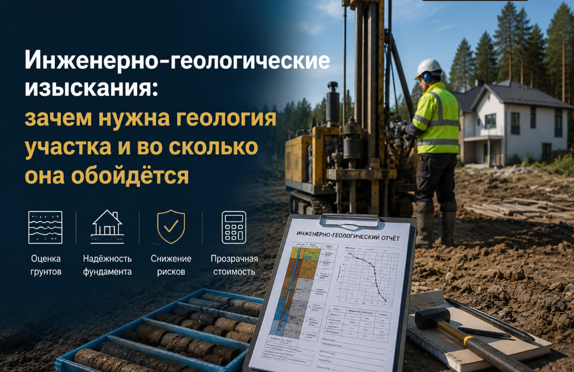 Инженерно-геологические изыскания на строительном участке: буровая установка выполняет исследование грунта, инженер контролирует процесс бурения, рядом размещены образцы керна и геологический отчет. Изображение иллюстрирует проведение геологии участка перед строительством дома, оценку состава грунтов, расчет несущей способности основания и подготовку данных для проектирования фундамента.