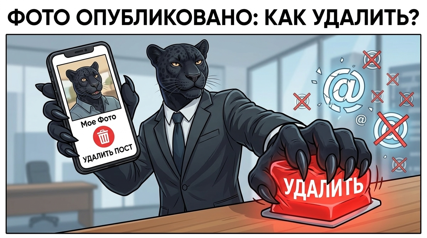 Пантера уверенно указывает одной лапой на экран смартфона в её руке, где видно её фото, другой лапой нажимает кнопку удаления.
