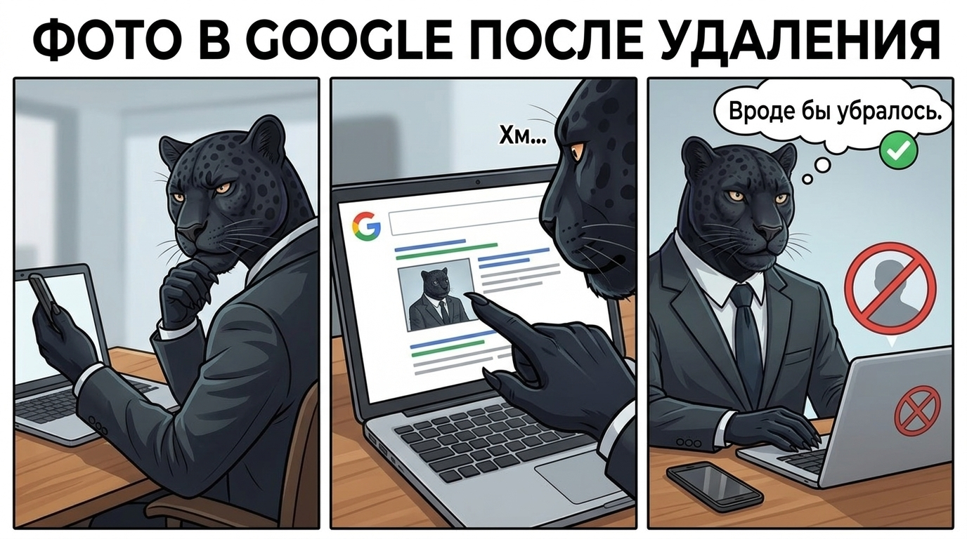Пантера с телефоном и ноутбуком смотрит на своё фото в поисковой выдаче, размышляя, как его удалить.