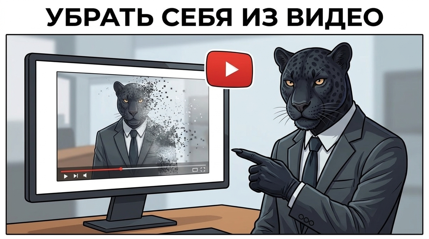 Пантера указывает на экран с видео, где её изображение исчезает, рядом значок YouTube.
