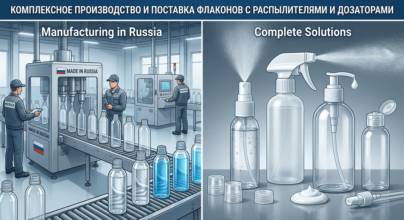 Компания ООО «Полипак» осуществляет производство и поставку ПЭТ-флаконов с распылителем и с дозаторами