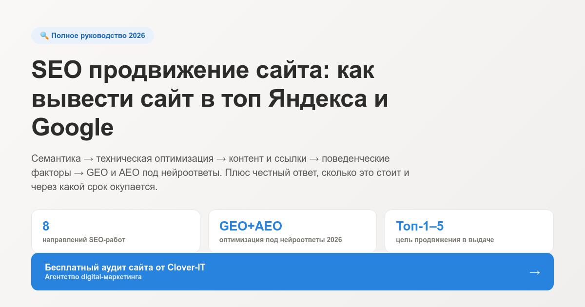 SEO продвижение сайта: как вывести сайт в топ Яндекса и Google - полное руководство 2026 по seo продвижению, GEO и SEO оптимизации, со стоимостью и сроками работ