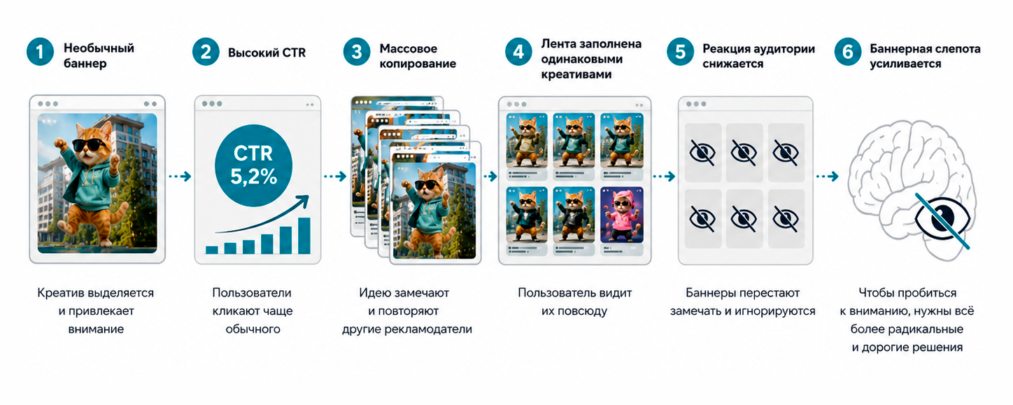 Часто путь к баннерной слепоте начинается с креатива, который когда-то действительно работал.