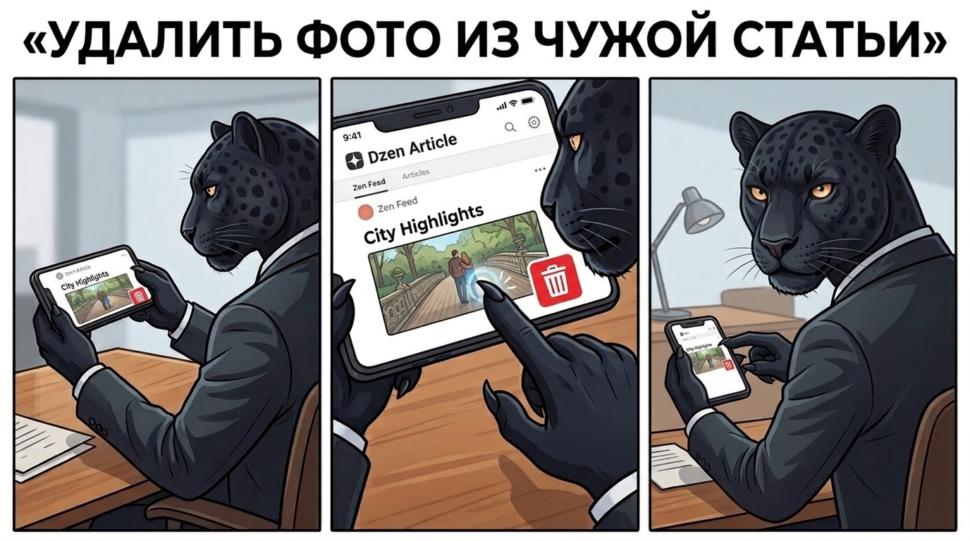 Пантера держит смартфон с интерфейсом Дзена и указывает на кнопку удаления фото.
