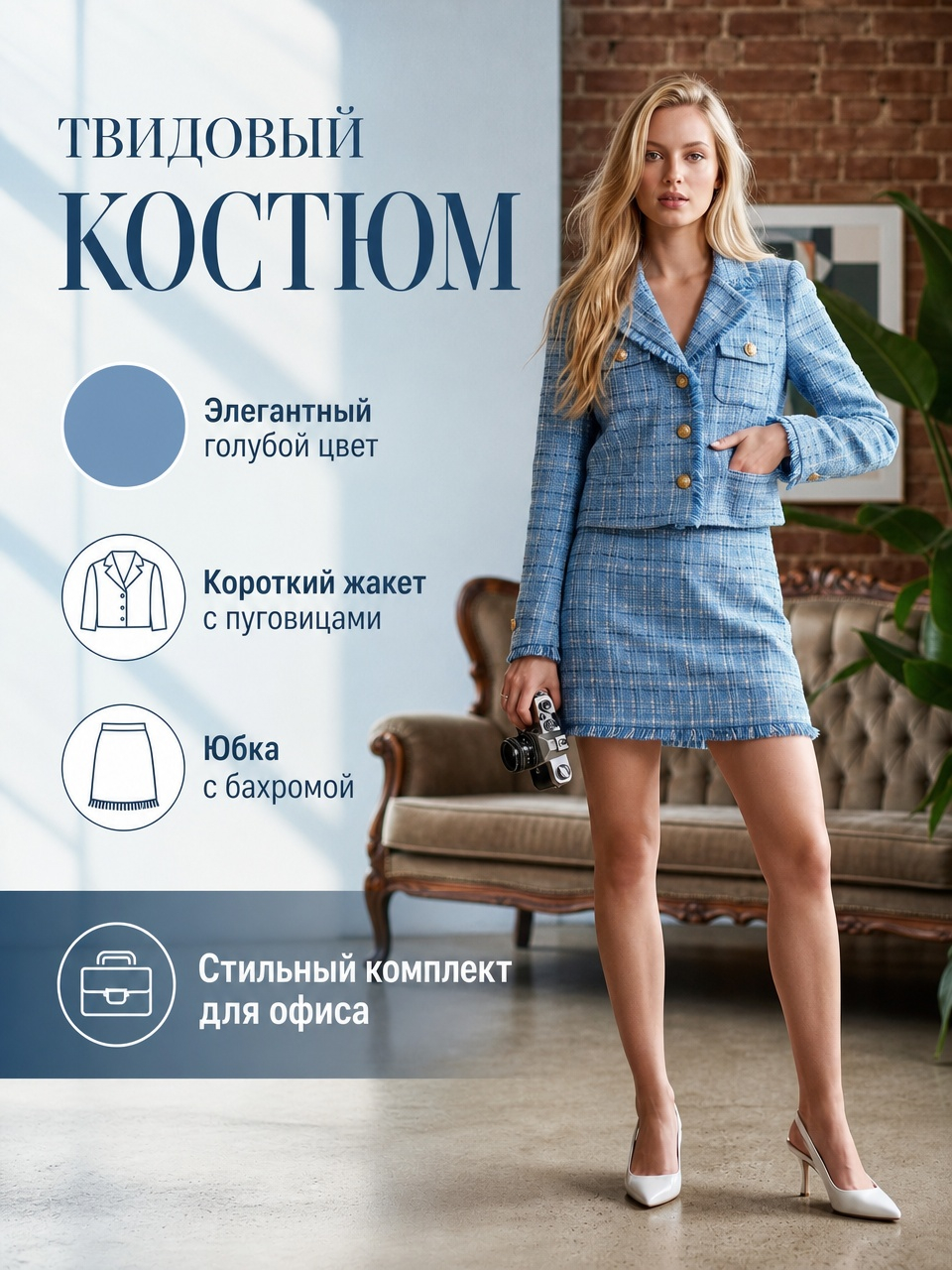 Пример хорошей карточки: лаконичное описание товара, видно, как костюм сидит на модели, освещение подчеркивает цвет изделия