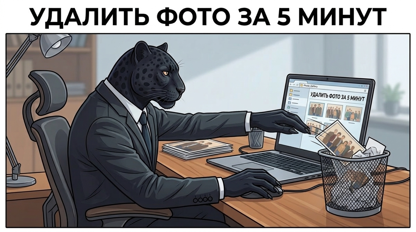 Пантера сидит за ноутбуком и смахивает фотографию в мусорную корзину, на экране виден интерфейс сайта знакомств.