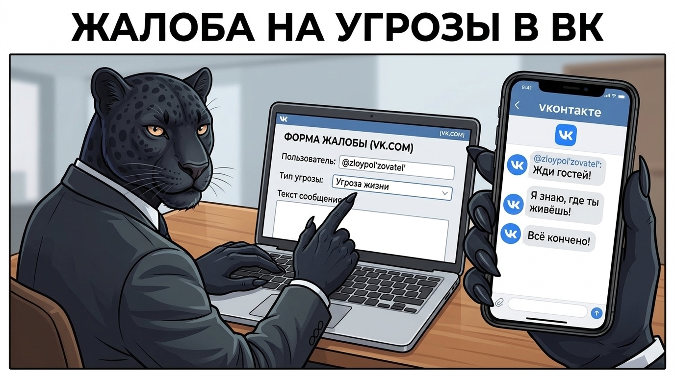 Пантера сидит за столом с ноутбуком и телефоном, указывая лапой на экран. Рядом лежит блокнот с ручкой.
