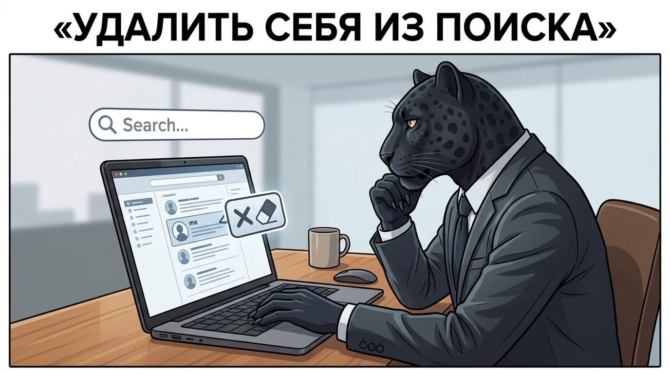 Пантера сидит перед ноутбуком, лапа на клавиатуре, задумчиво смотрит на экран с поисковой строкой.