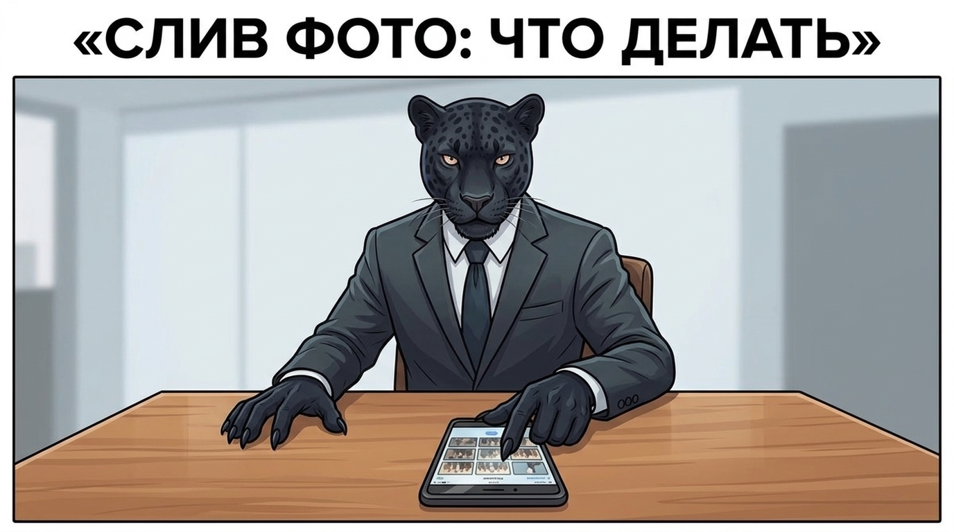 Пантера держит лапу на экране смартфона с фотографиями, вторая лапа сжата в кулак.