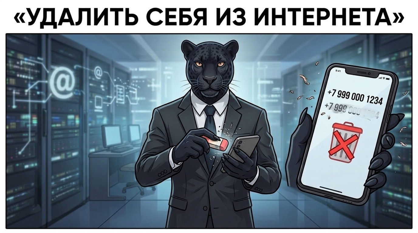 Пантера стирает свой номер телефона с экрана смартфона ластиком, рядом светится значок удаления.