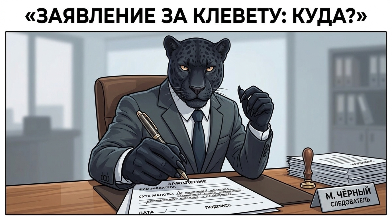 Пантера с ручкой в лапе сидит перед раскрытым бланком заявления, на столе стопка бумаг и круглая печать.