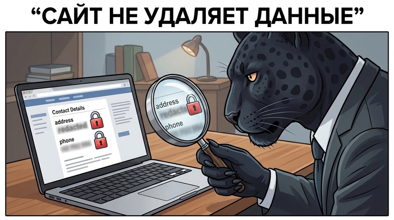 Пантера с лупой проверяет на ноутбуке опубликованные адрес и телефон, рядом значок замка