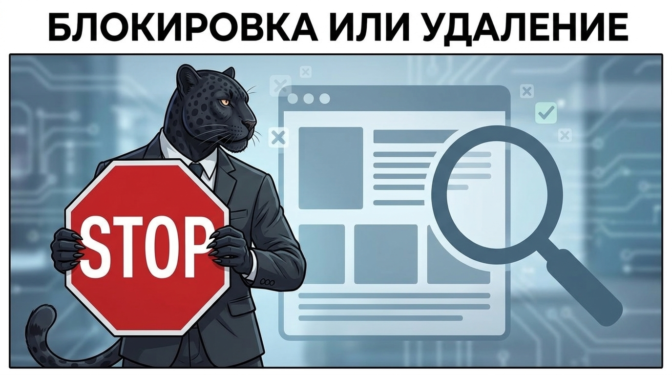 Пантера со знаком «Стоп» закрывает веб-страницу и значок поисковой лупы, показывая выбор результата