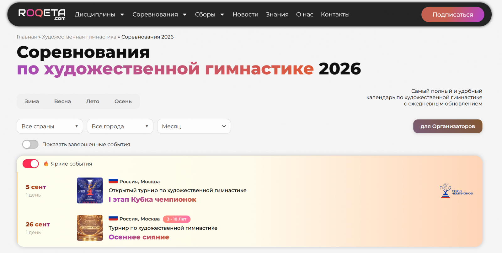 Календарь соревнований по художественной гимнастике 2026