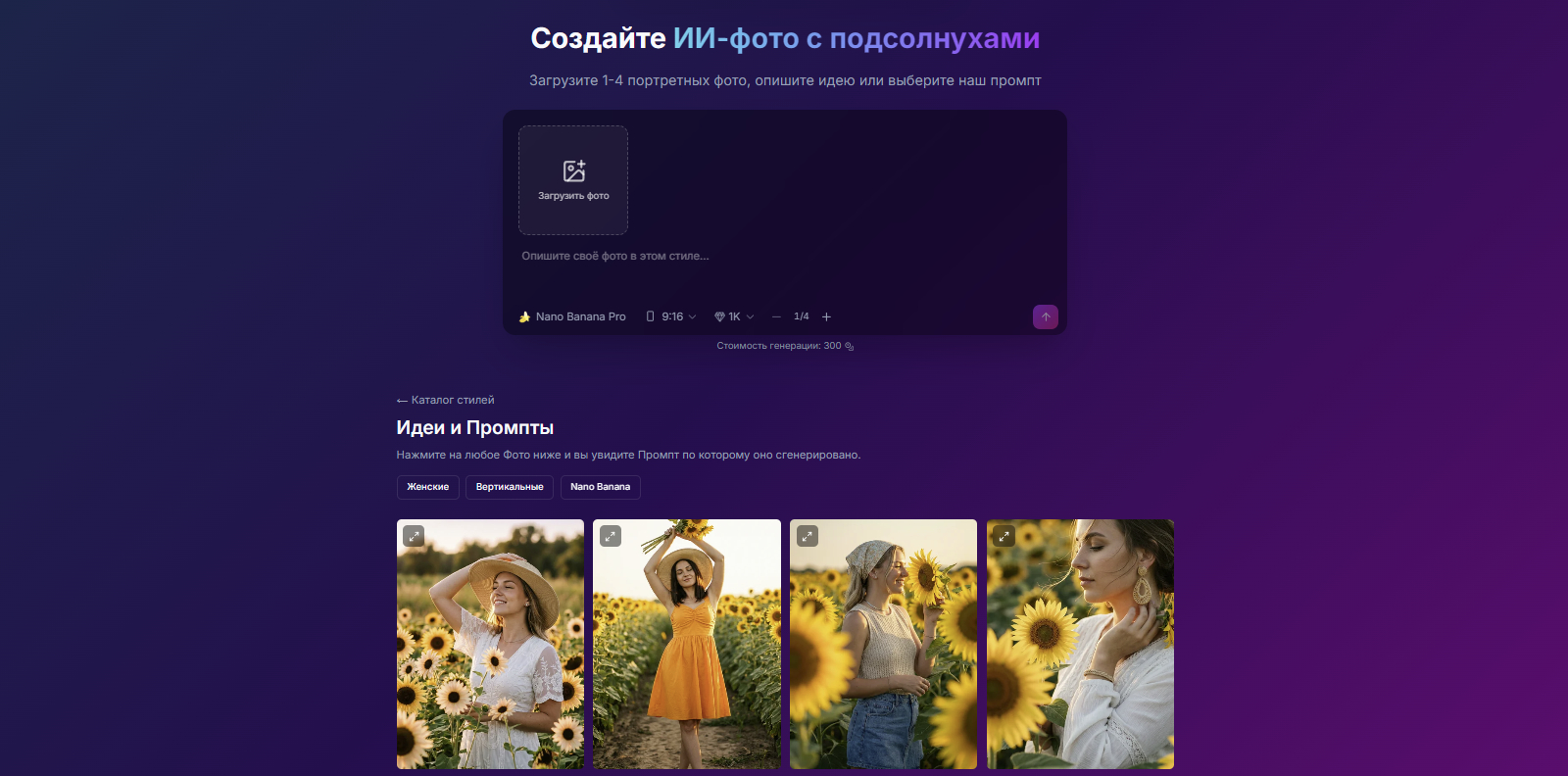Каталог промптов для фото с подсолнухами STIVA.ai