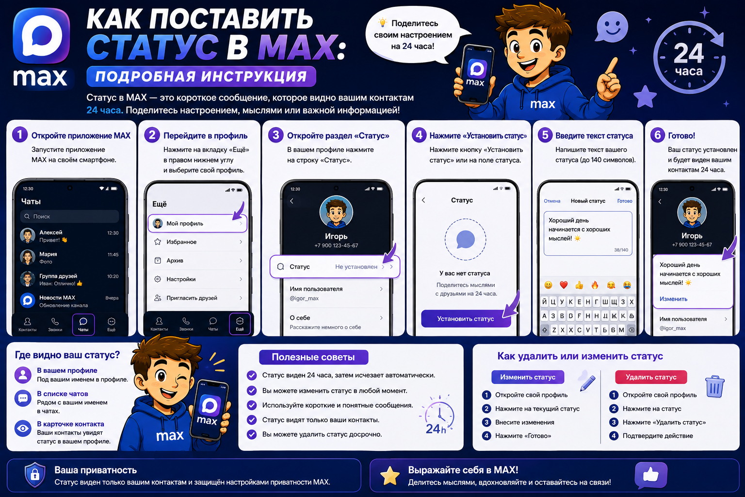 Как поставить статус в MAX: подробная инструкция