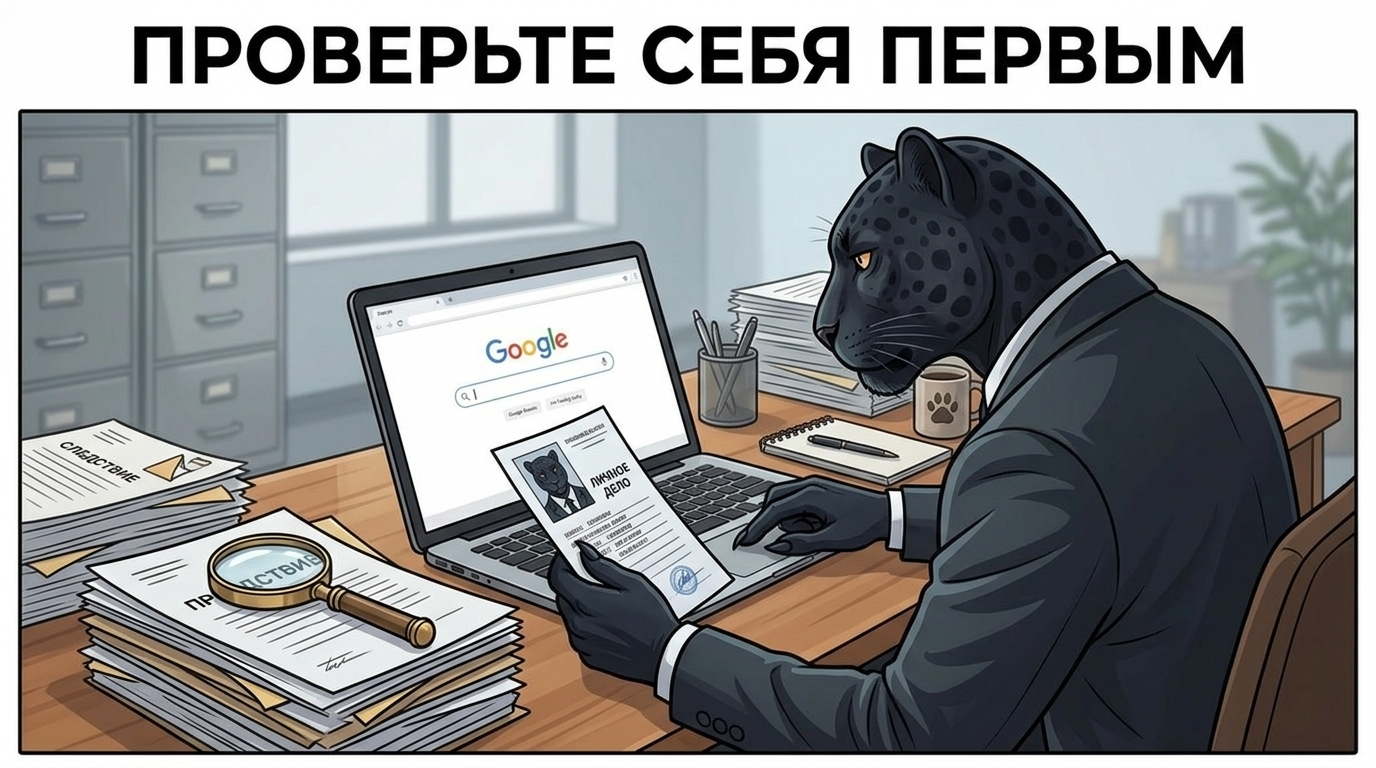 Пантера за ноутбуком с открытой строкой поиска, рядом лупа и стопка распечаток