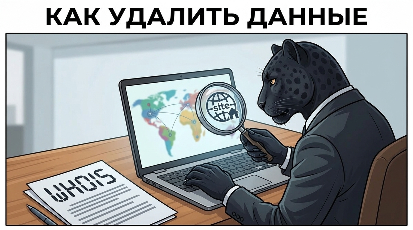 Пантера с лупой изучает на ноутбуке зарубежный сайт и данные о владельце, рядом лист WHOIS