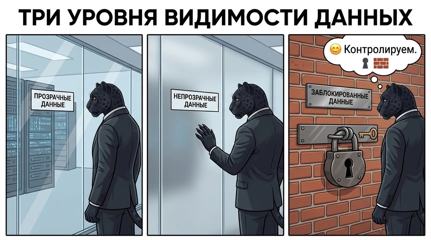 Пантера перед тремя стенами разной прозрачности, последняя кирпичная с навесным замком