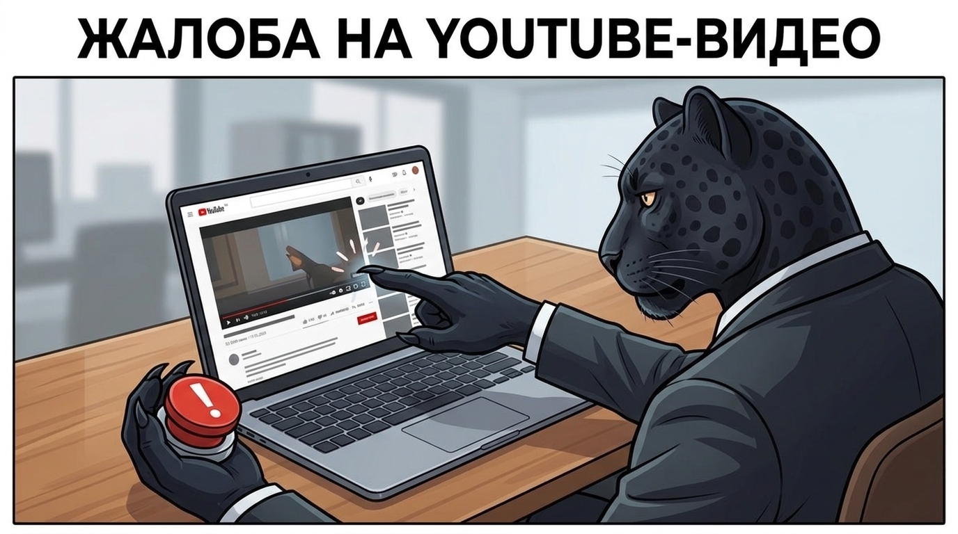 Пантера сидит за ноутбуком, указывает лапой на экран и держит красную кнопку жалобы.