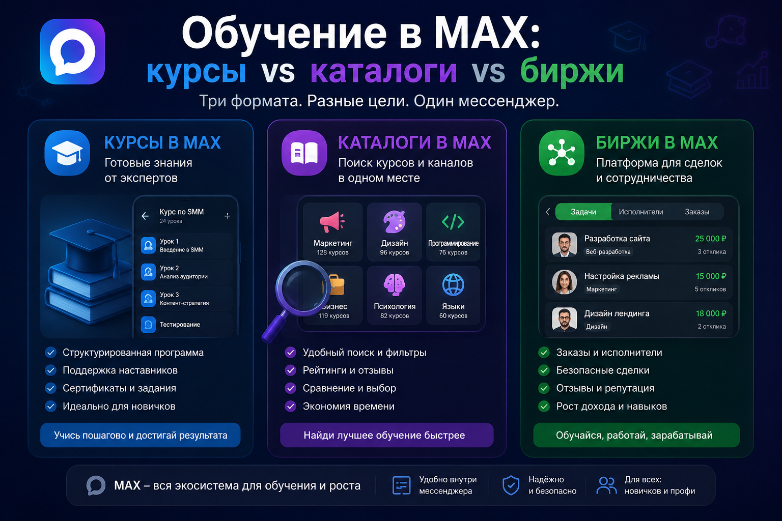 Обучение в MAX: курсы vs каталоги vs биржи