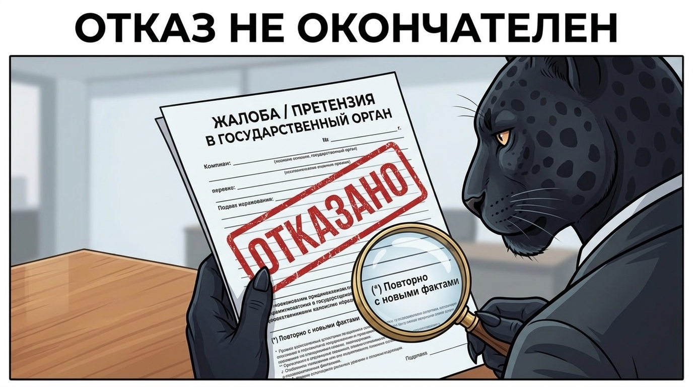 Бланк жалобы с печатью отказа и лупа, выделяющая пропущенный фрагмент текста.