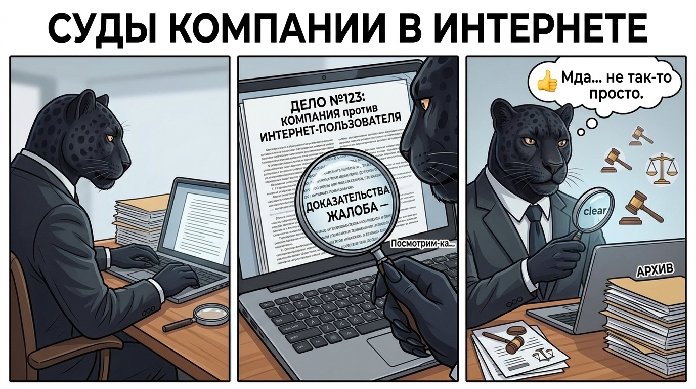 Пантера с лупой рассматривает на экране ноутбука карточку судебного дела рядом со стопкой бумажных папок