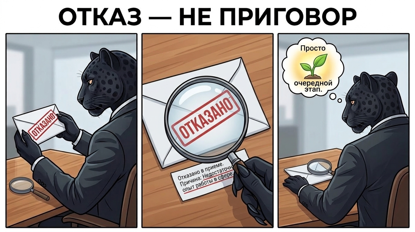 Пантера с конвертом отказа и лупой над распечатанным отзывом с подчёркнутыми строками
