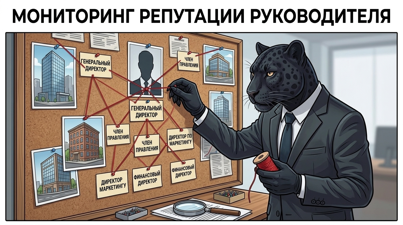 Пантера у пробковой доски соединяет нитями карточки с ролями, компаниями и силуэтом руководителя