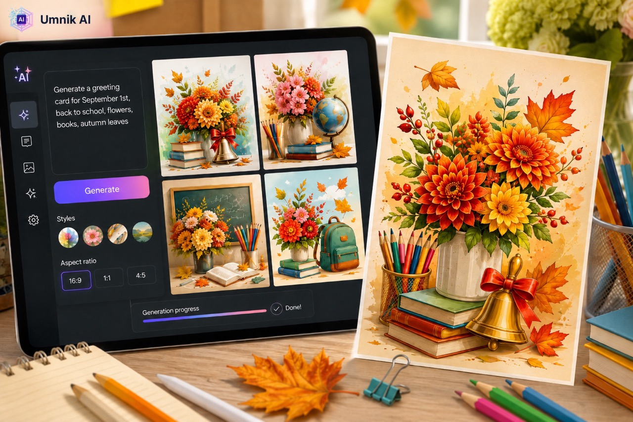 Как сделать открытку на 1 сентября без дизайнера - вопрос теперь скорее про формулировку запроса, чем про графические навыки.