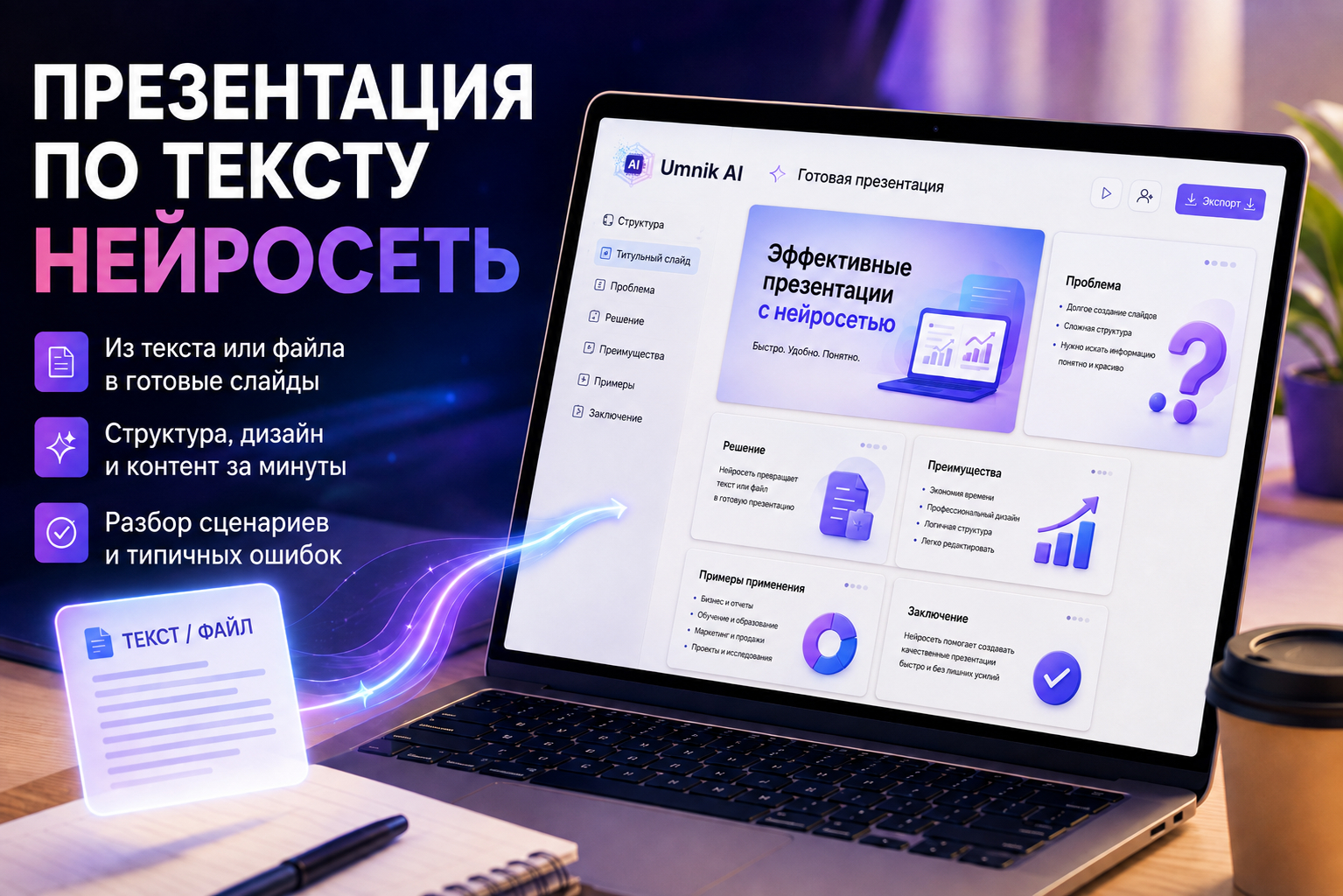 Так выглядит создание презентации по тексту нейросеть - из готового документа собирается черновик со слайдами и заголовками.