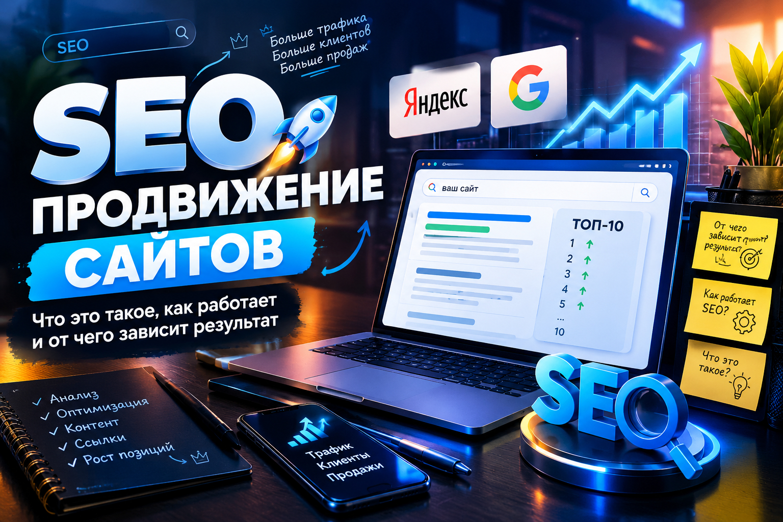 SEO продвижение сайтов — как работает SEO, рост позиций в Google и Яндексе, увеличение поискового трафика и клиентов