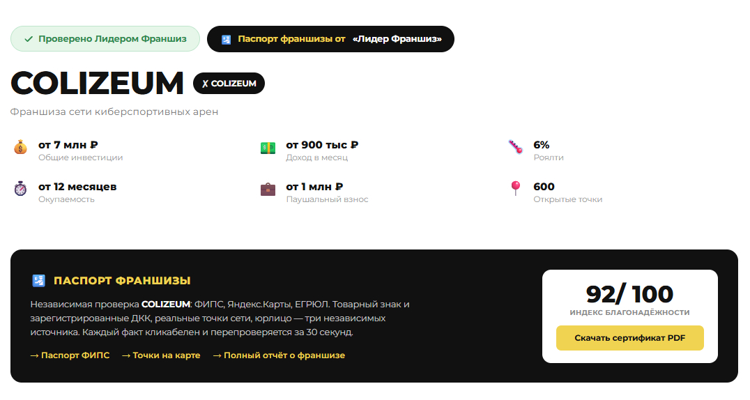 Паспорт франшизы COLIZEUM