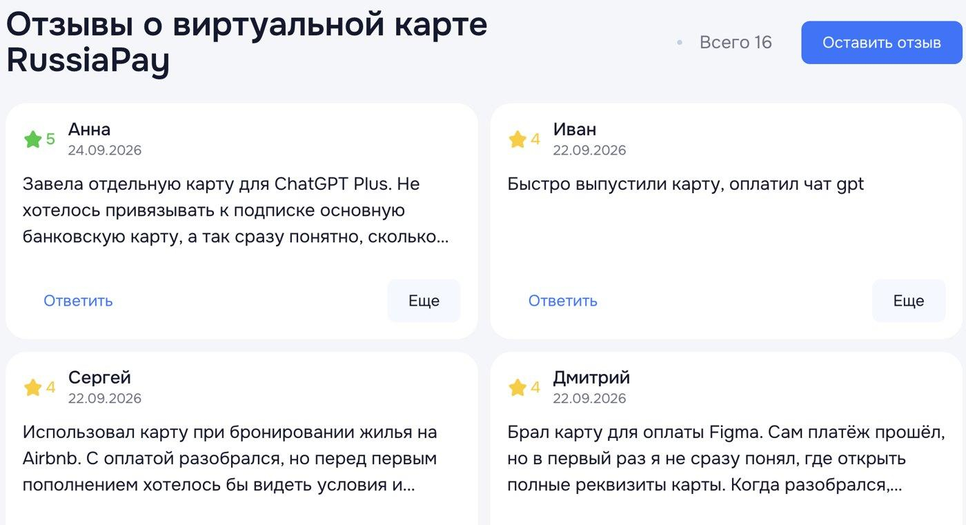 Фрагмент подборки отзывов из исходных материалов: на скриншоте указан счётчик «Всего 16», видны сообщения об оплате ChatGPT Plus, Airbnb и Figma.