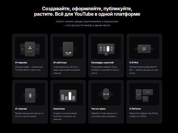 Рис. 5 - Остальные инструменты платформы это: нарезка, субтитры, календарь соцсетей, B-roll, озвучка, аналитика, чистка звука и AI Reframe, источник: mnogo-reels.ru