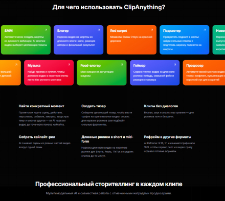 Рис. 1 - Раздел «Для чего использовать». Карточка «Подкастер» и сценарии вроде «Найти конкретный момент» и «Создать тизер», источник: mnogo-reels.ru