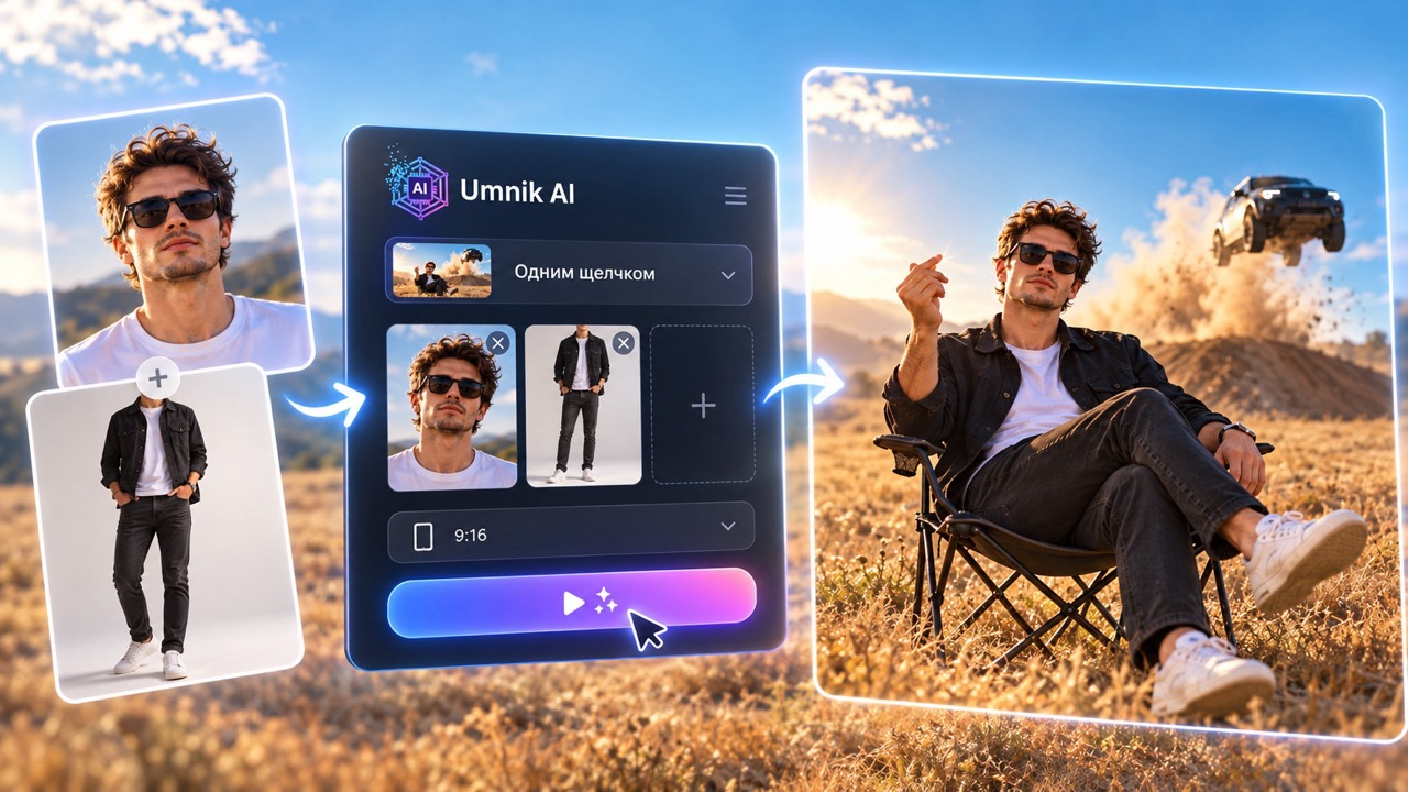 Шаблон «Одним щелчком» в Umnik AI: для генерации ролика достаточно загрузить фото лица и фото образа, затем выбрать формат и параметры видео.