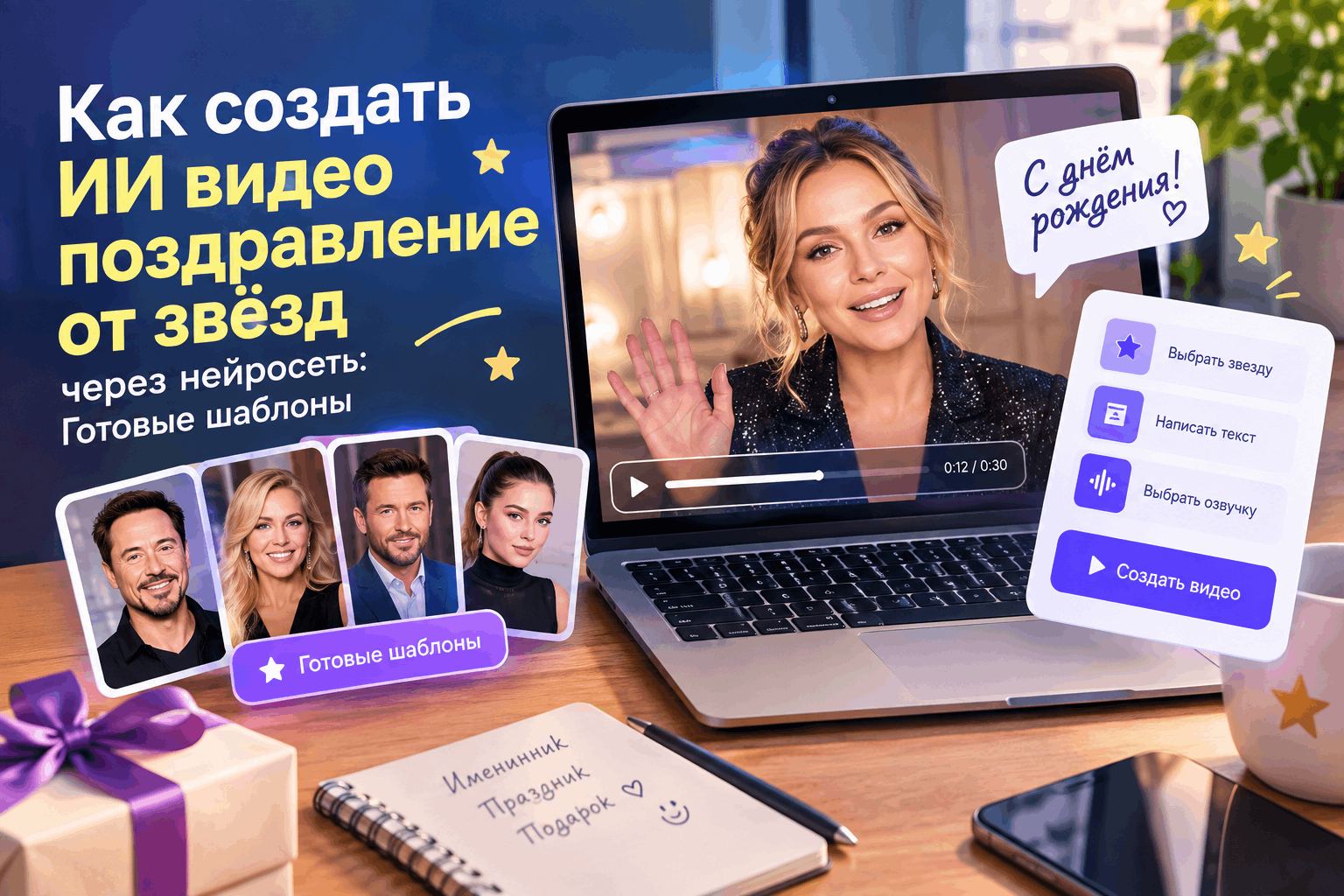 👉Создать ИИ видео поздравление от звёзд через нейросеть