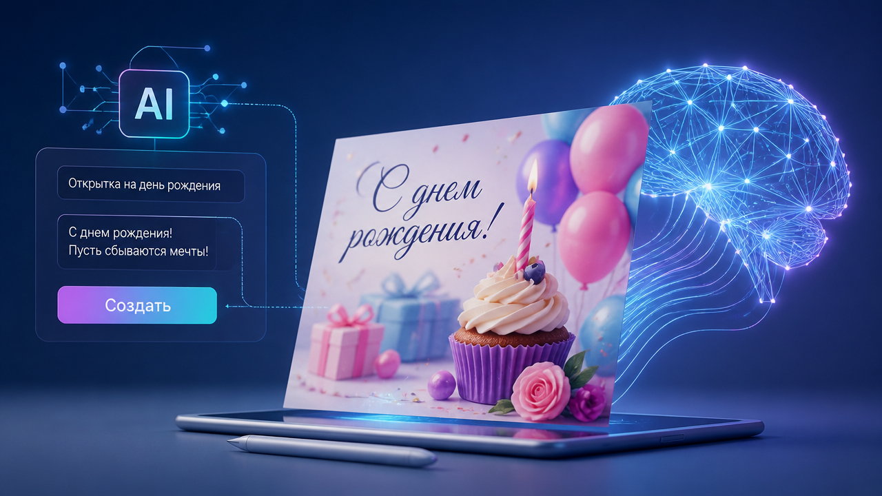 Нейросеть для открытки на день рождения бесплатно: как ИИ создает поздравительную картинку с текстом и промптами